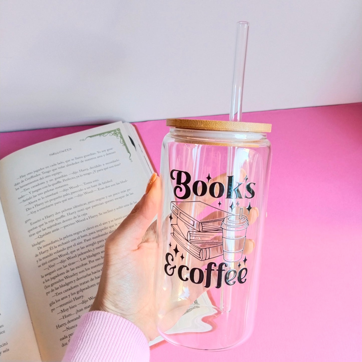 Vaso de cristal book´s and coffee