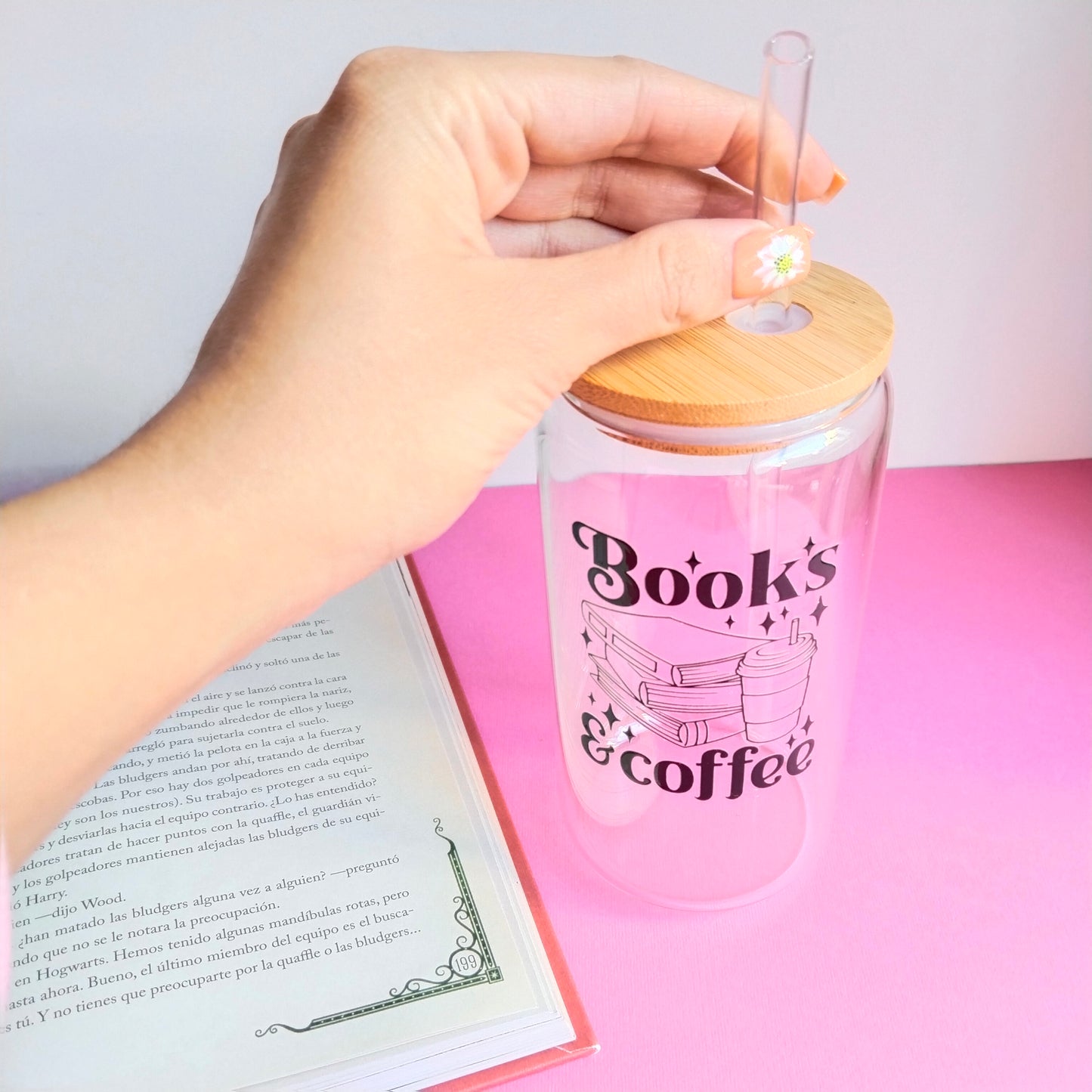 Vaso de cristal book´s and coffee