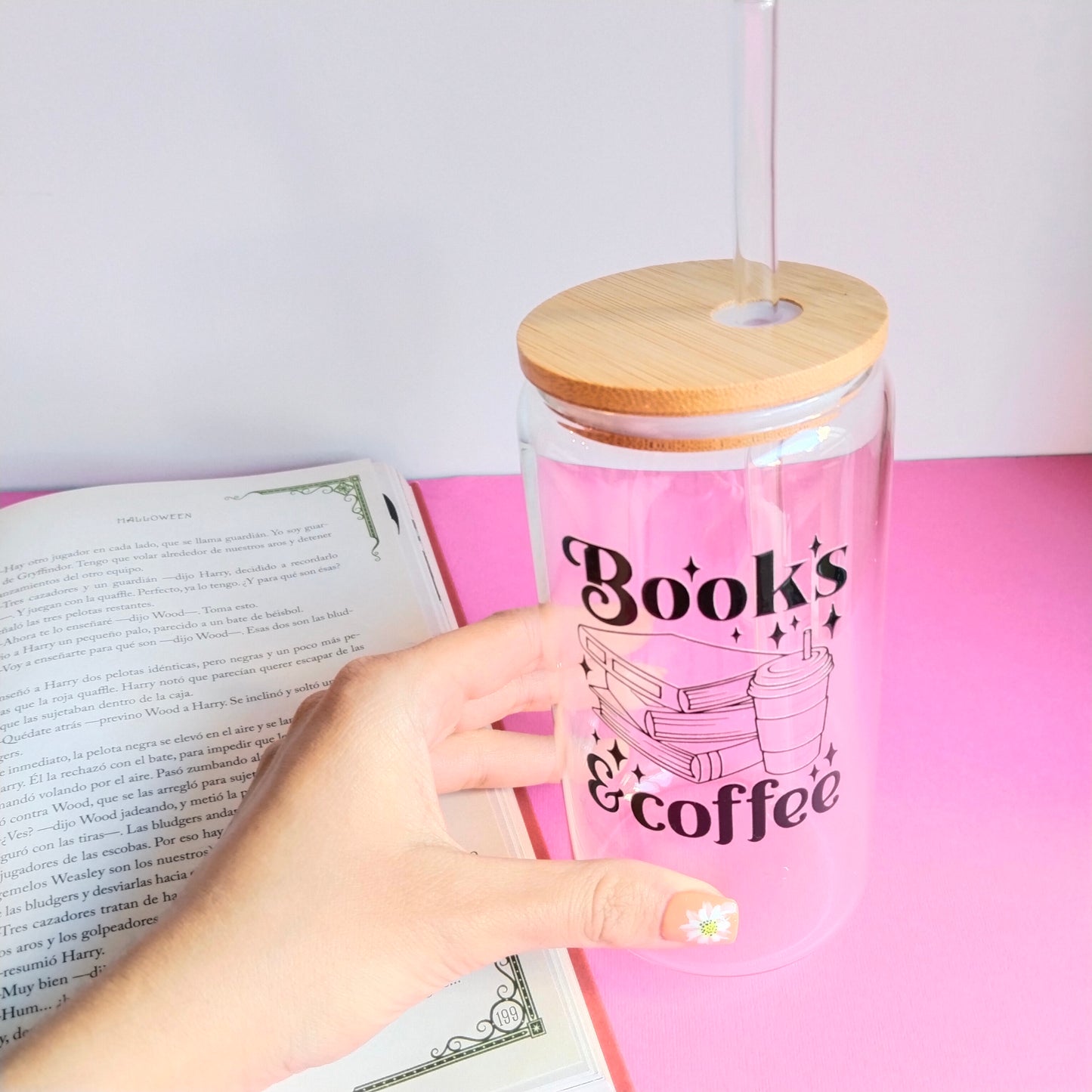 Vaso de cristal book´s and coffee