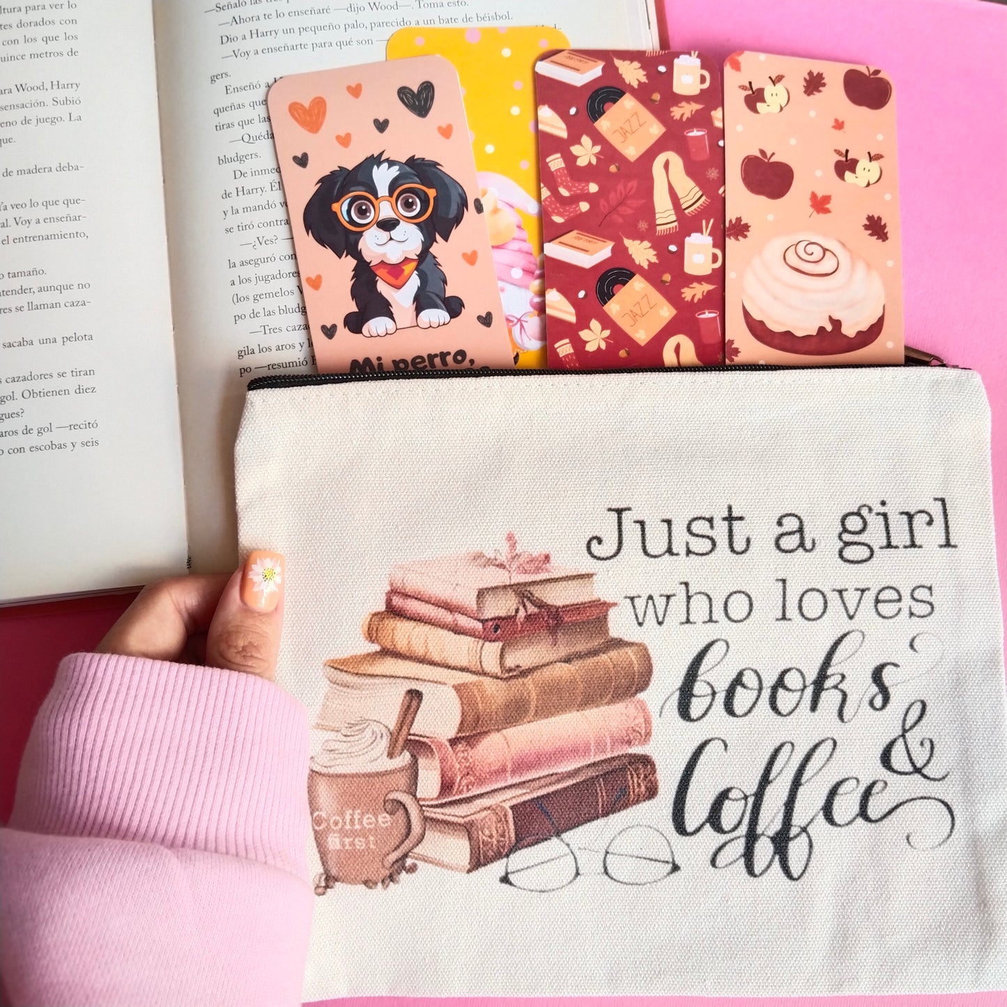 Mini bolsa de tela book´s & coffee