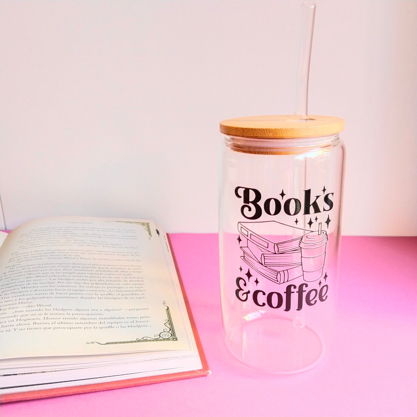 Vaso de cristal book´s and coffee